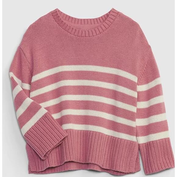 Gap Kids Girl's Dusty Rose and Cream Striped Crew Neck Cotton Sweater - 3 - Picture 1 of 6